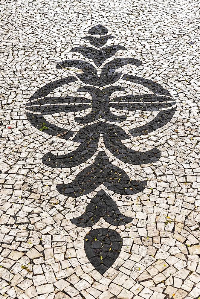 Black and white ornamental floor mosaic of paving stones, Funchal, Madeira, Portugal, Europe