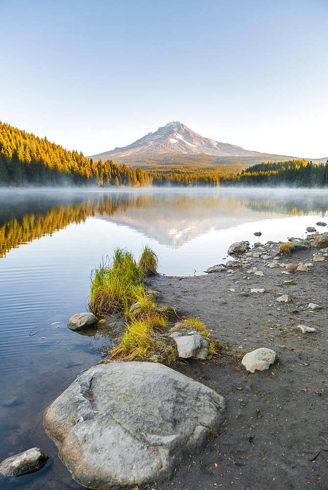 Reflection of the volcano Mt. Hood in Lake Trillium Lake, morning mood, Oregon, USA, North America