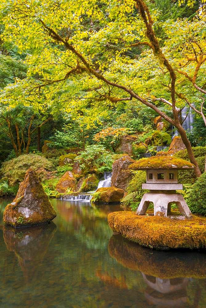 Pond with shrine and waterfall, Japanese garden, Portland, Oregon, USA, North America