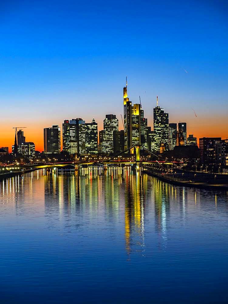 Deutschherrenbruecke with skyline at sunset, Frankfurt am Main, Hesse, Germany, Europe