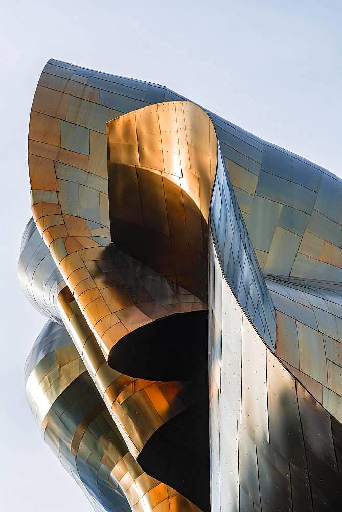 Copper-coloured exterior facade of the Museum of Pop Culture, MoPOP, modern architecture, architect Frank Gehry, Washington, USA, North America