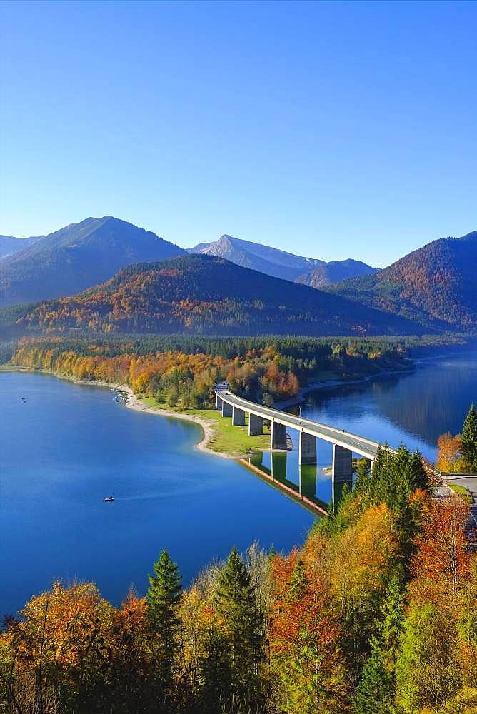 Bridge over Lake Sylvensteinsee, near Lenggries, Isarwinkel, Upper Bavaria, Bavaria, Germany, Europe