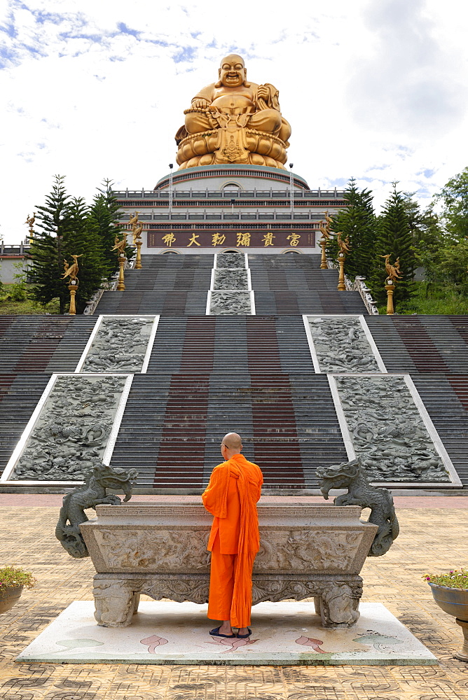 Happy Buddha, monk at an altar, Chiang Rai Province, Northern Thailand, Thailand, Asia