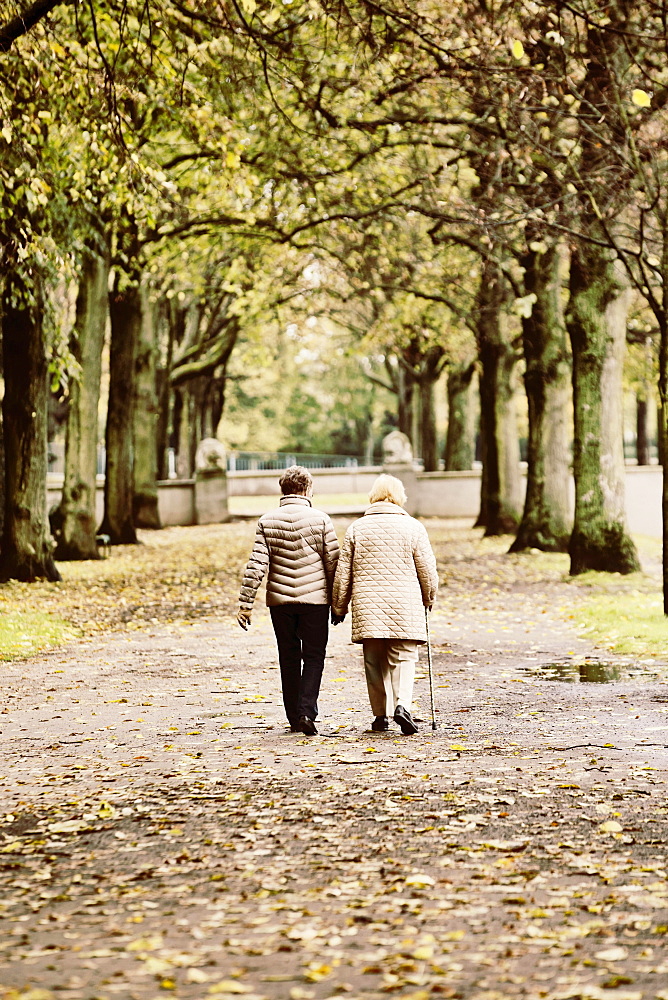 Two older women walking in autumn in the park, Cologne, North Rhine-Westphalia, Germany, Europe