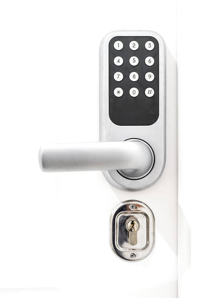 Door lock in white door, numeric code to hotel, Portugal, Europe