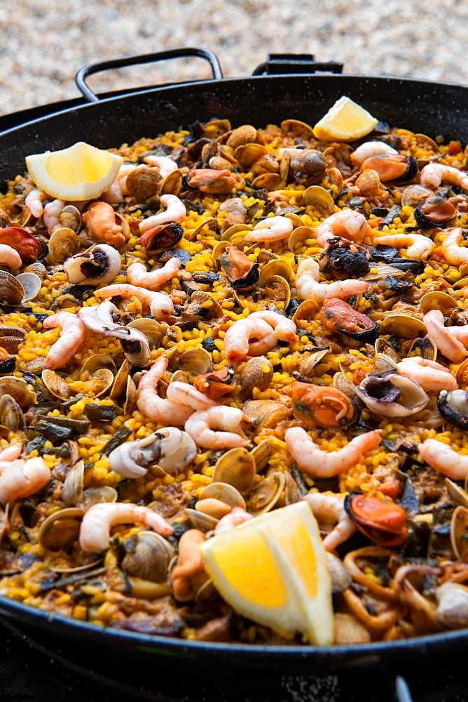 Spanish paella, rice pan with seafood, Andalusia, Spain, Europe