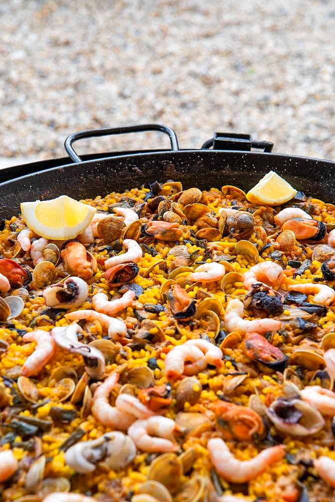 Spanish paella, rice pan with seafood, Andalusia, Spain, Europe