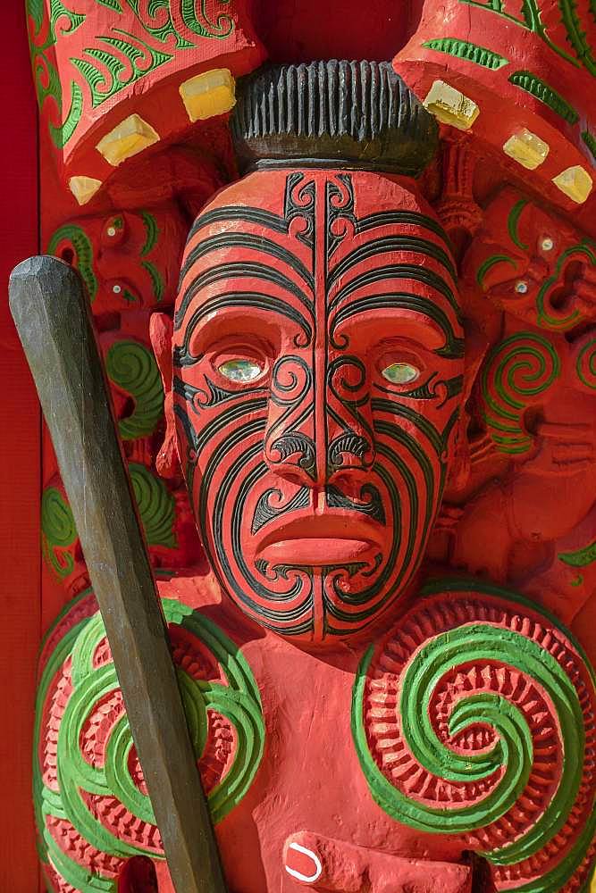 Traditionally carved and painted figure of Maori, Waitangi, Far North District, Northland, North Island, New Zealand, Oceania