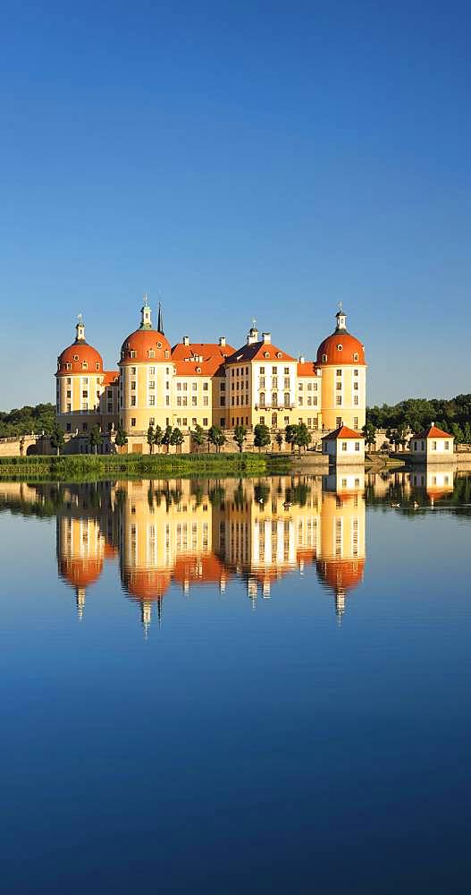 Moritzburg Castle, water reflection in the lake, Saxony, Germany, Europe