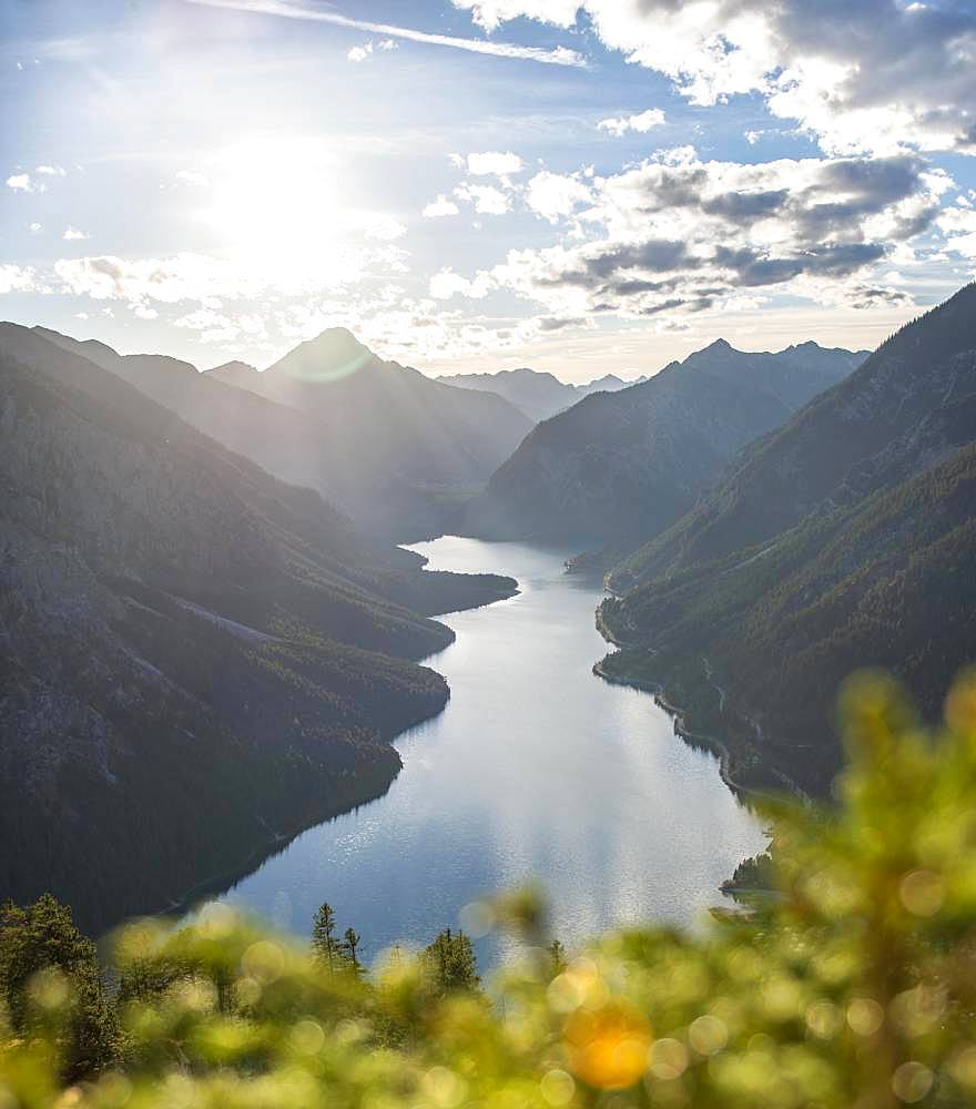 View from Schoenjoechl to Lake Plansee, surrounded by mountains, Tyrol, Austria, Europe