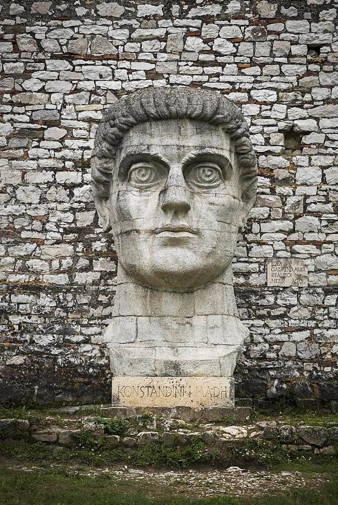 Oversized bust of Constantine the Great, Konstandini i Madh, at the fortress wall, Berat, Albania, Europe