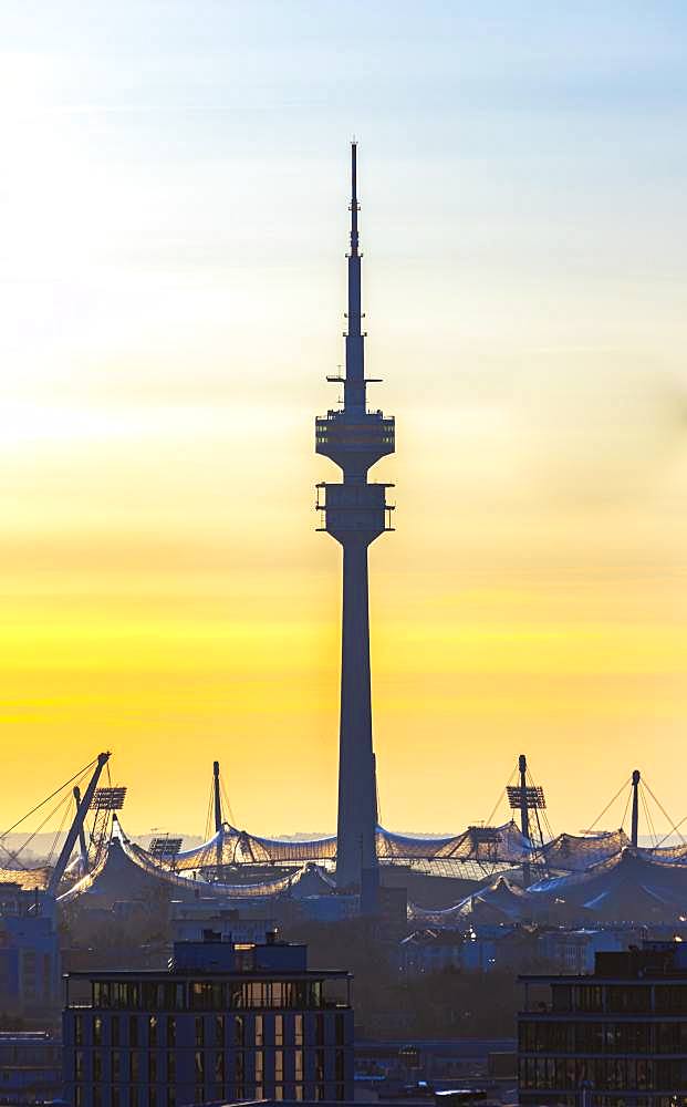 Olympic Tower and Olympic Stadium at sunset, Munich, Upper Bavaria, Bavaria, Germany, Europe