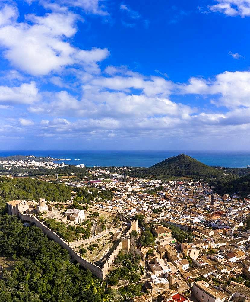 Drone shot, city view with Castell de Capdepera, Capdepera, Majorca, Balearic Islands, Spain, Europe