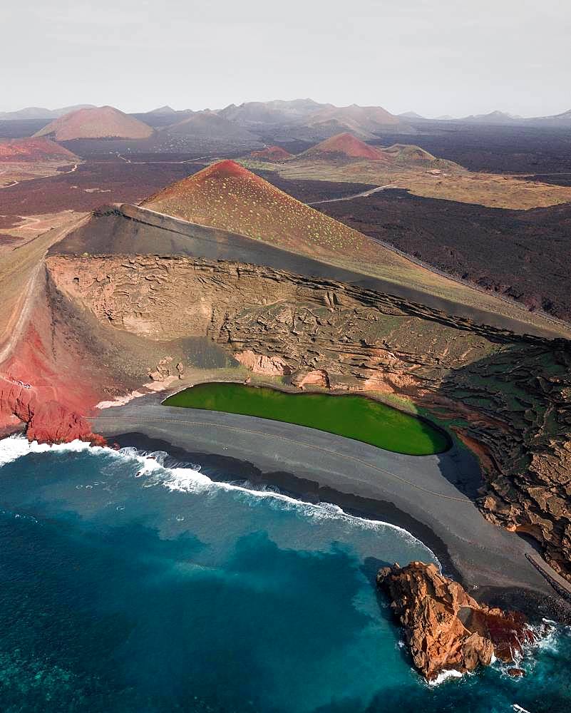 Charco de los Clicos, El Lago Verde, green lagoon, near El Golfo, drone shot, Lanzarote, Canary Islands, Spain, Europe