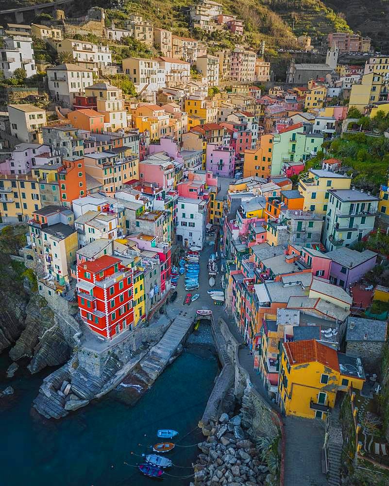 Aerial view of Riomaggiore, harbour, Cinque Terre, Italy, Europe