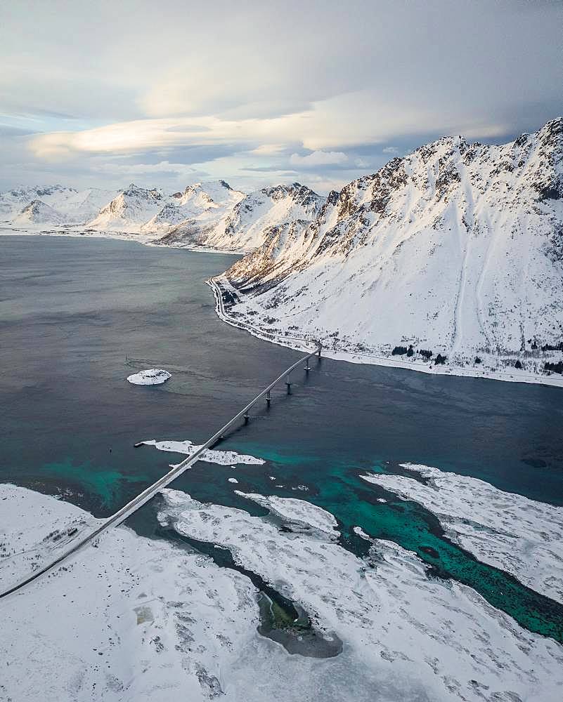 Gimsoystraumen Bridge in Winter, Gimsoy Bridge, drone shot, Gimsoy, Lofoten, Norway, Europe