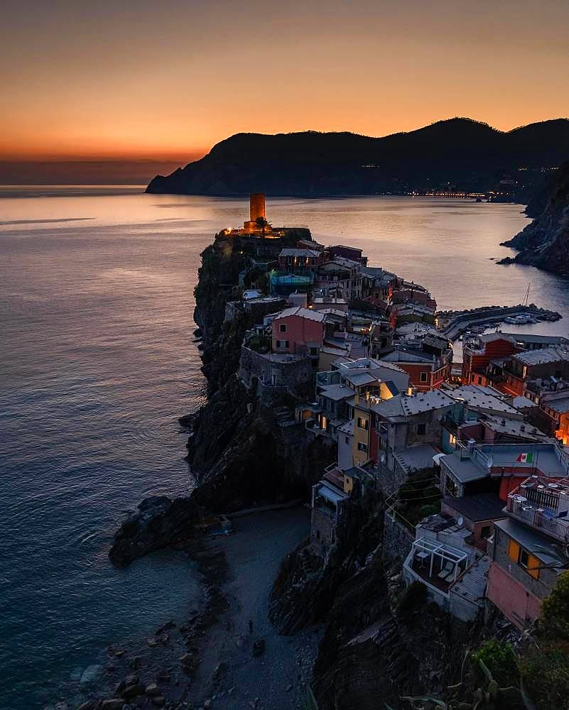 View of Vernazza at sunset, aerial view, Cinque Terre, Liguria, Italy, Europe