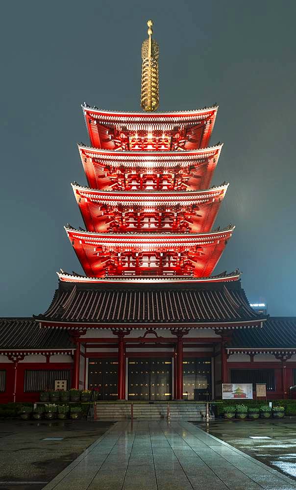 Night photo, five-storey pagoda of Sensoji, Buddhist temple complex, Senso-ji temple or Asakusa shrine, Asakusa, Tokyo, Japan, Asia