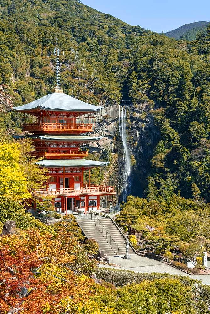 Nachi waterfall behind pagoda of Seigantoji Temple, Nachisan, Wakayama, Japan, Asia