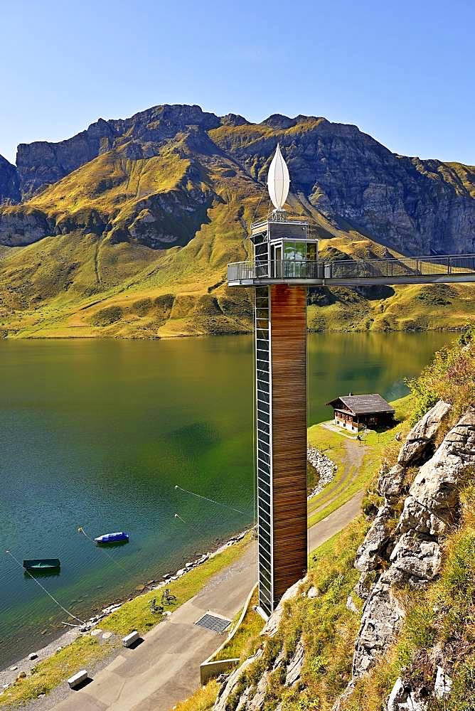 Panorama lift with viewing platform at Lake Melchsee, Melchsee-Frutt, Canton Obwalden, Switzerland, Europe