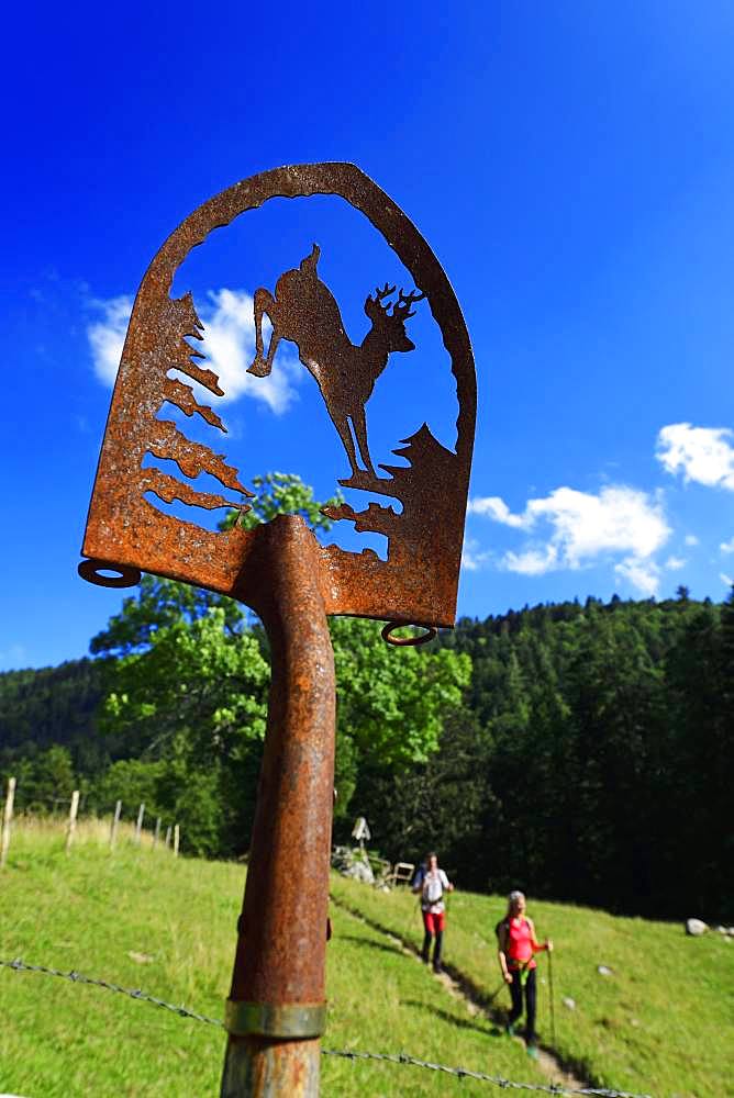 Hikers next to an artistically decorated shovel at the Chiemhauser Alm, Schleching, Chiemgau, Upper Bavaria, Bavaria, Germany, Europe