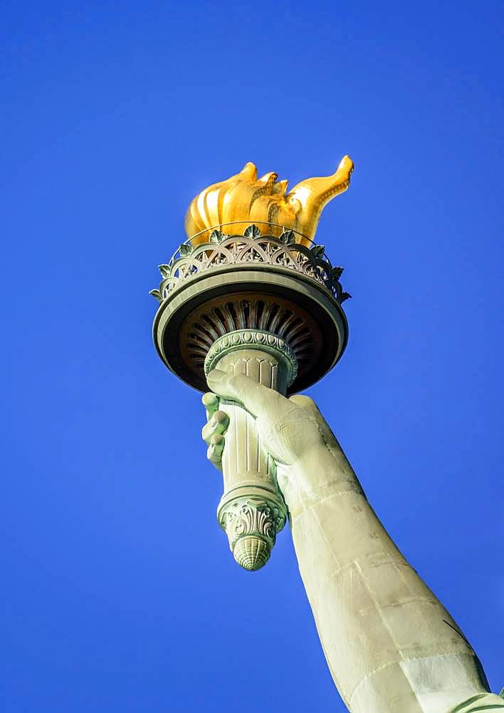 Hand with golden torch, Statue of Liberty, Statue of Liberty National Monument, Liberty Island, New York City, New York, USA, North America