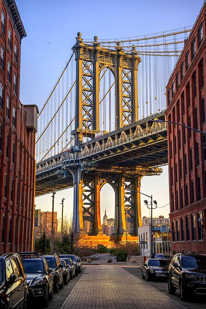 View from Main Street to Manhattan Bridge and Empire State Building, with morning sun, Dumbo, Brooklyn, New York, USA, North America