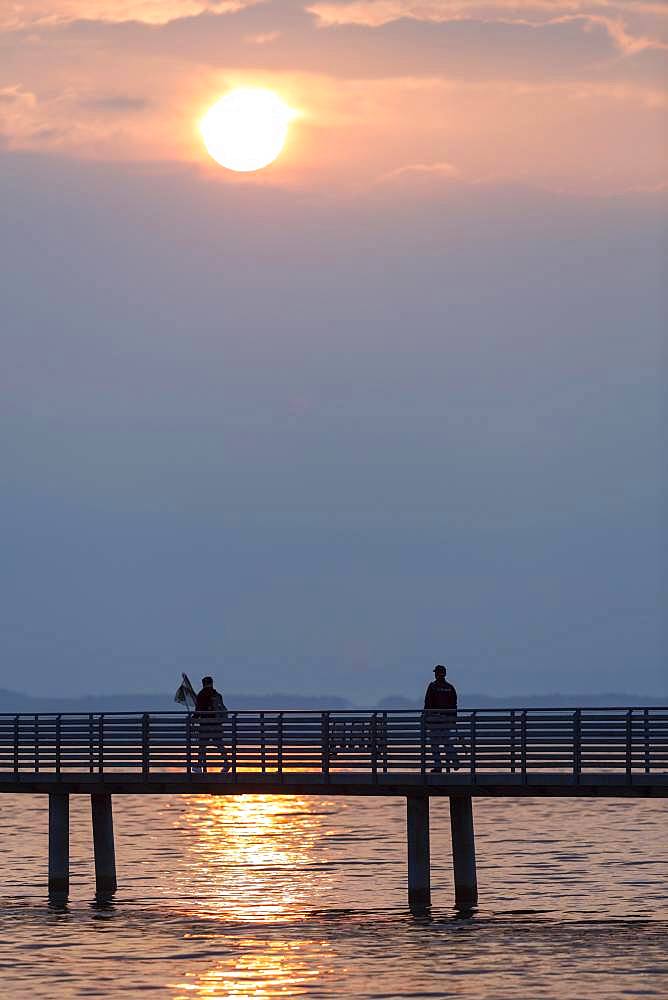 Silhouette, anglers on jetty in the morning light, Altnau, Lake Constance, Thurgau, Switzerland, Europe