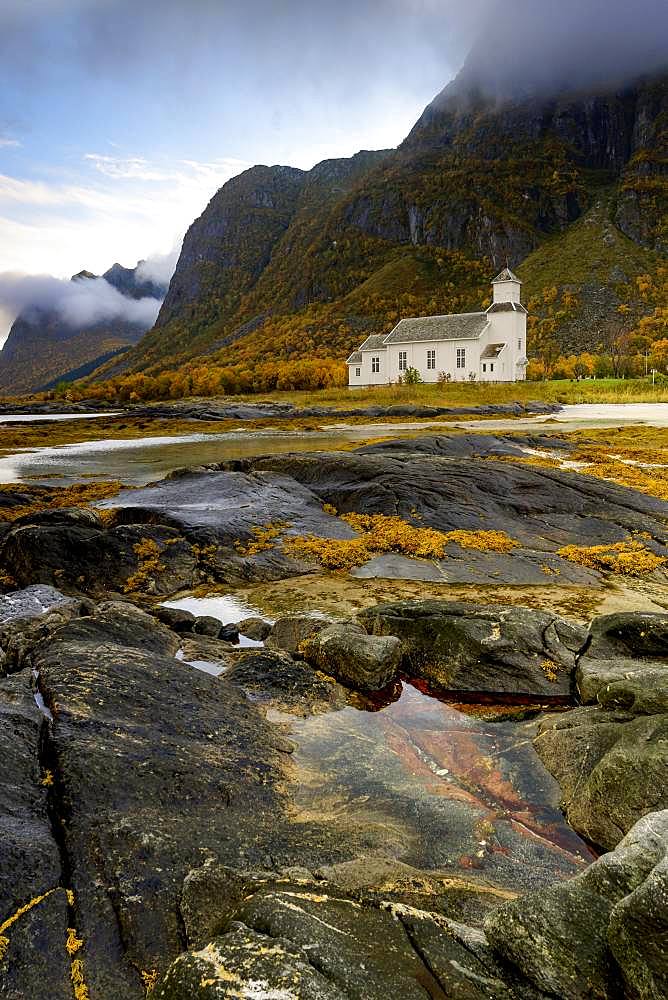 Church, Gimsoy, coast, autumn, Lofoten, Norway, Europe