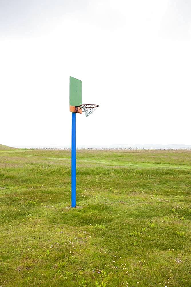 Lonely basketball hoop on the Hallig Langeness, Germany, Europe