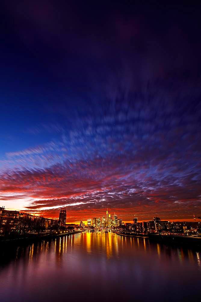 Skyline in afterglow, Frankfurt am Main, Hesse, Germany, Europe