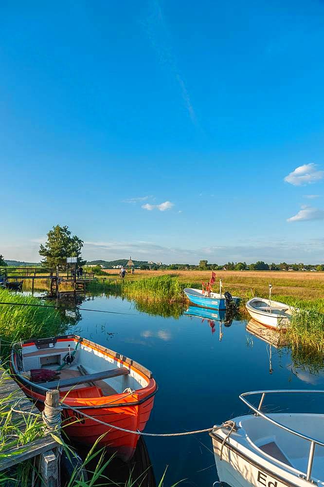 Fishing boats on the Baaber Bek connecting canal, Baabe-Moritzdorf, Ruegen, Mecklenburg-Western Pomerania, Germany, Europe