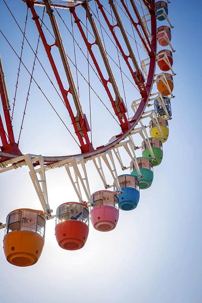 Colorful gondolas in front of a blue sky, Daikanransha Ferris wheel, backlight shot, Palette Town, Odaiba, Tokyo, Japan, Asia