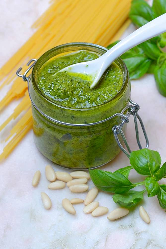 Pesto in glass, basil and pine nuts, Germany, Europe