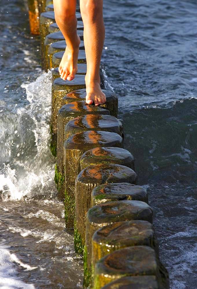 Boy balances on groynes on the baltic sea beach, Baltic resort Kuehlungsborn, Baltic Sea, Mecklenburg-Western Pomerania, Germany, Europe