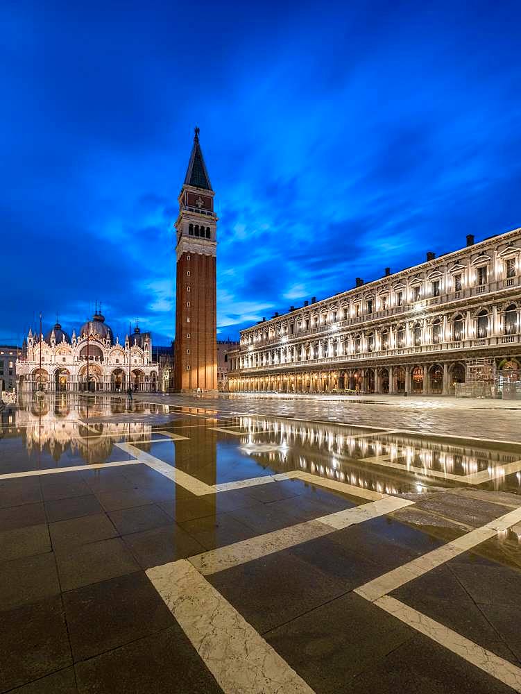 The Campanile at St. Mark's Square with high water, Aqua Alta, Venice, Italy, Europe