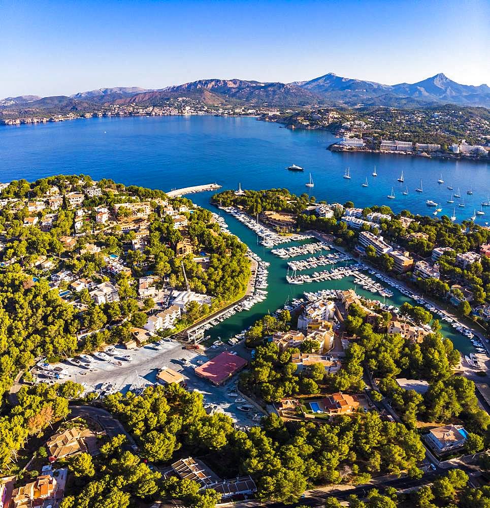 Aerial photo, view of Santa Ponca and the marina of Santa Ponca, behind the Serra de Tramuntana, Majorca, Balearic Islands, Spain, Europe