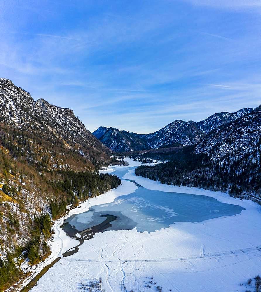 Aerial view of the snow-covered Weitsee and Loedensee, Reit im Winkl, Chiemgau, Bavaria, Germany, Europe