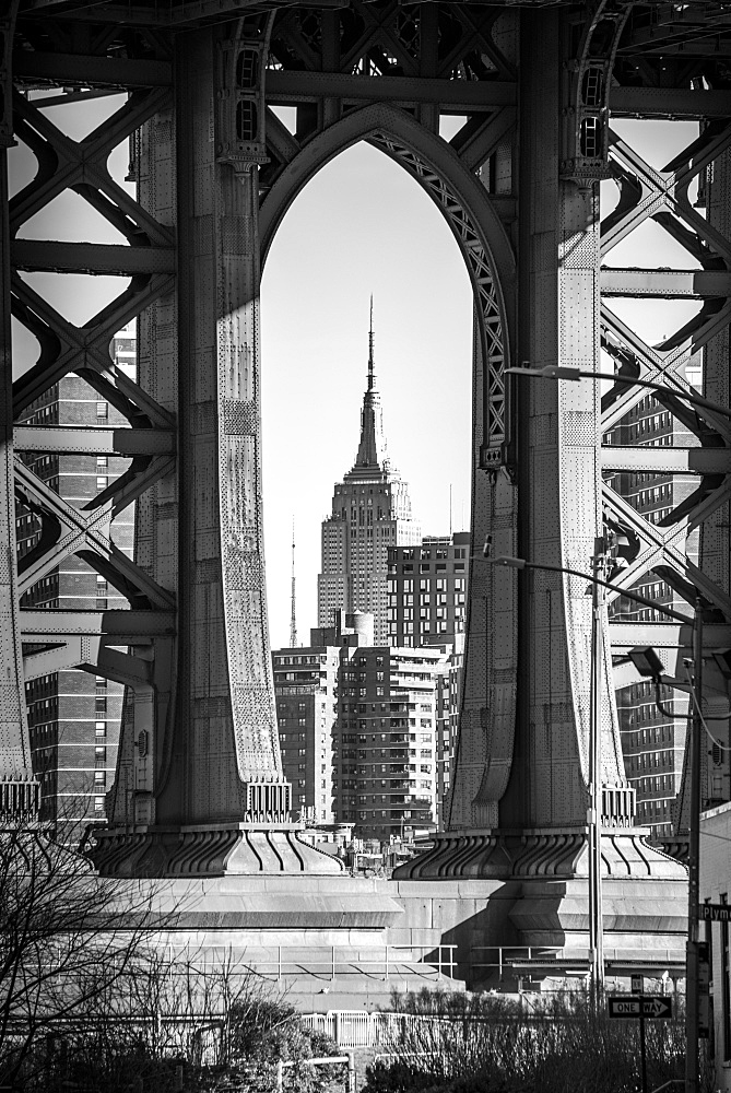 View from Main Street to Manhattan Bridge and Empire State Building, Dumbo, Brooklyn, New York, USA, North America