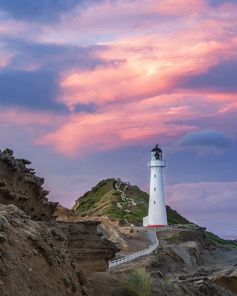 Lighthouse in the evening light under a pink cloudy sky on the cliffs at Castlepoint, Lavafels, Masterton, Wellington, New Zealand, Oceania