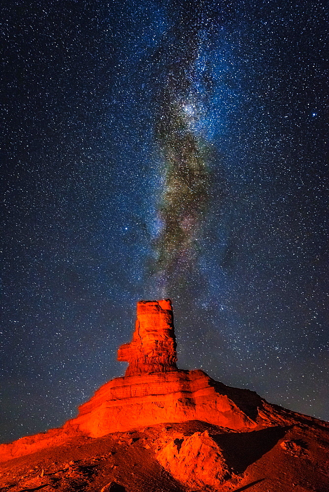 Rock formation at night with starry sky and Milky Way, Khermen Tsav, Umnugobi Province, Mongolia, Asia