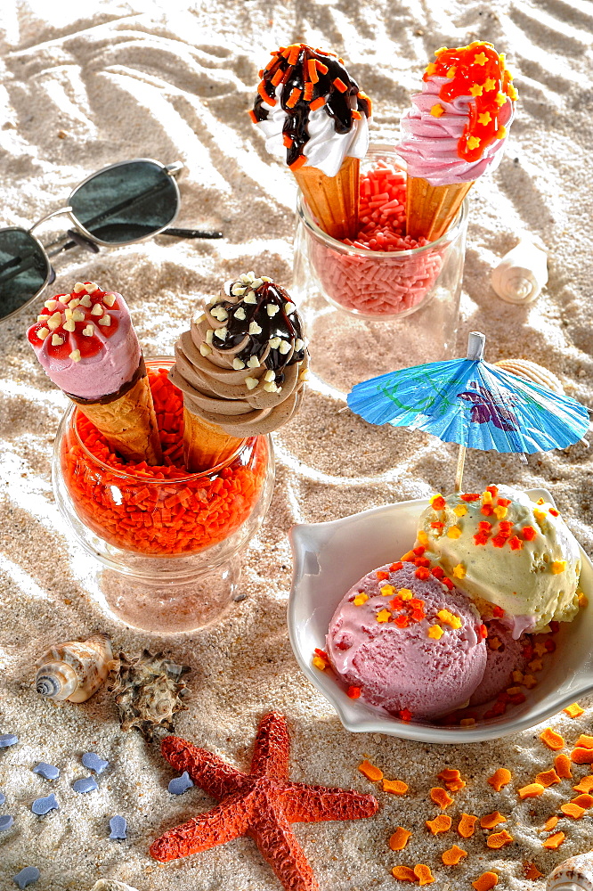 Various colorful ice stands in the sand, Holiday, Germany, Europe