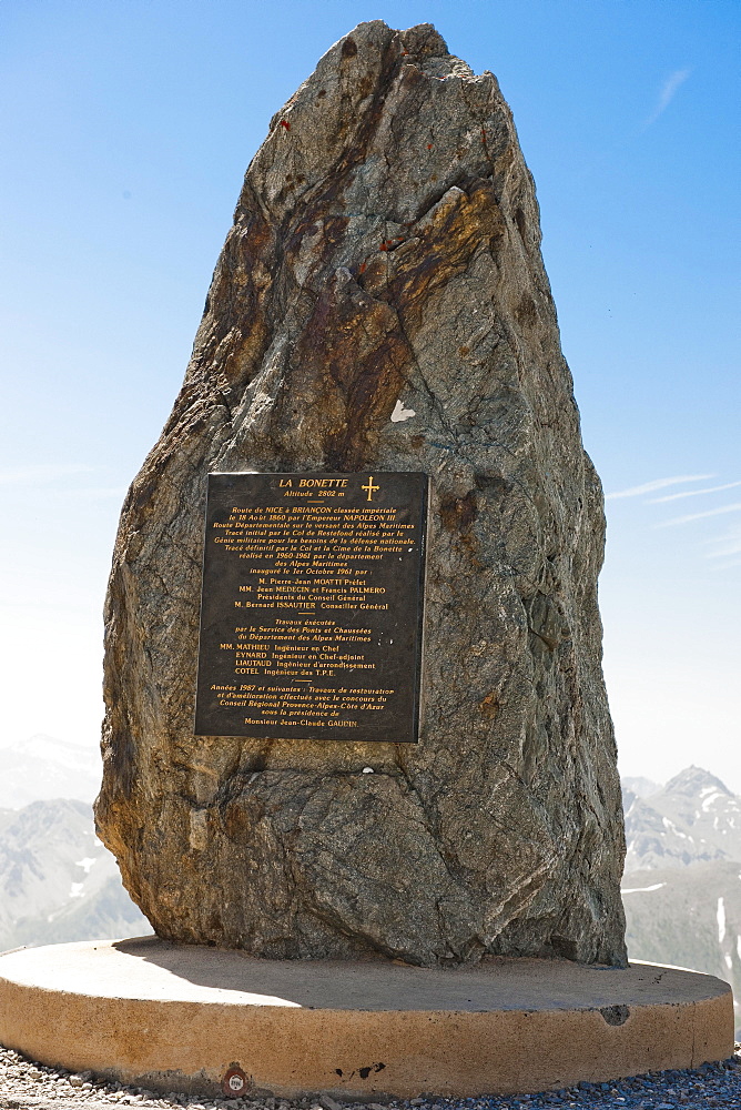 Commemorative plaque, Col de la Bonette, Cime de la Bonette, Jausiers, Department of Alpes-de-Haute-Provence, France, Europe