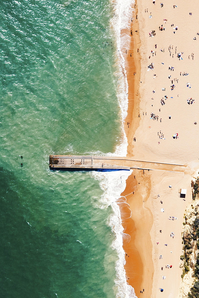 Aerial view of pier and sandy beach, Albufeira, Algarve, Portugal, Europe