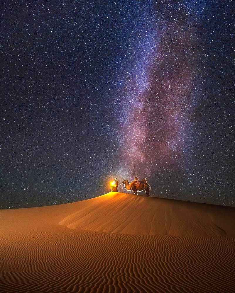 Camel herder under beautiful milky way in Mongolian gobi desert, Umnugobi province, Mongolia, Asia