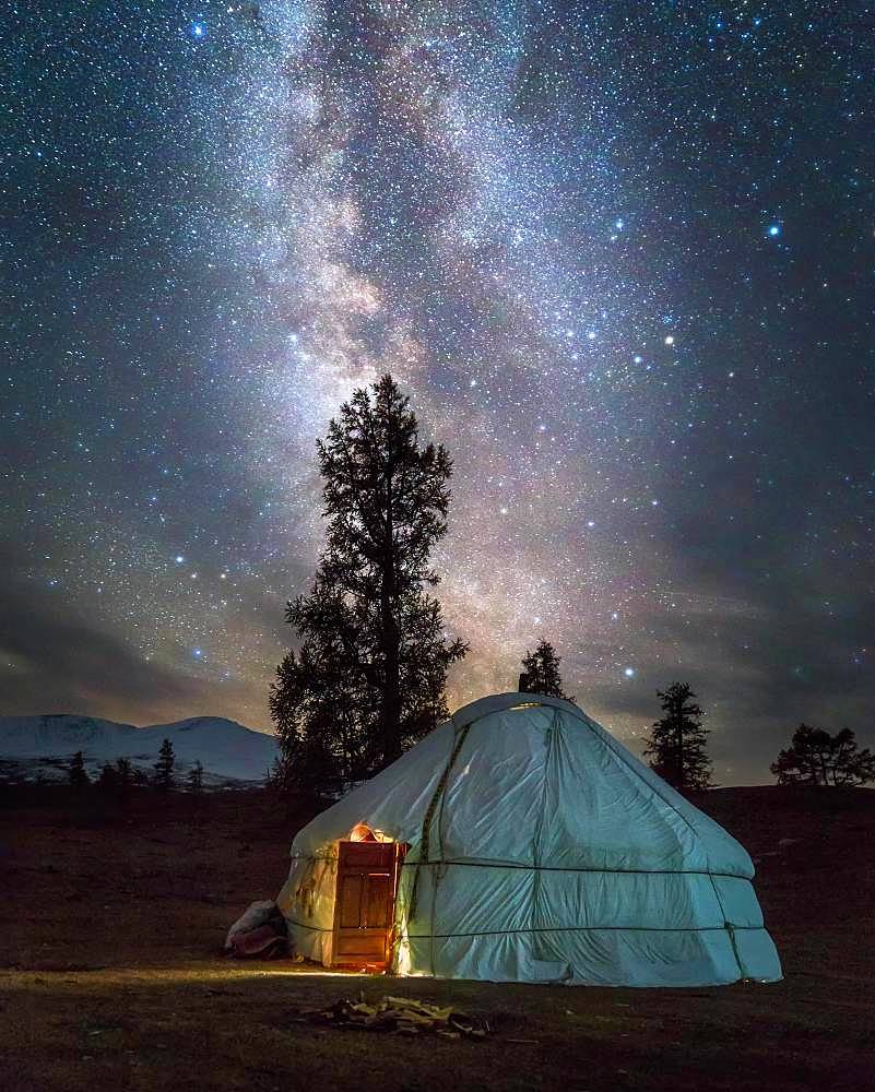 Kazakh yurt under milky way. Bayan-Ulgii province. Mongolia