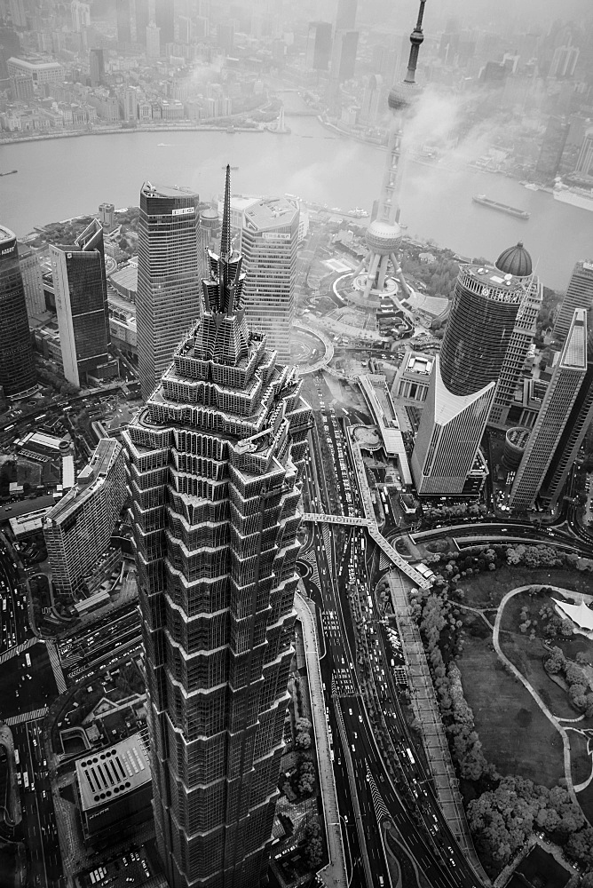 Drone shot, Jin Mao Tower in black and white, Shanghai, China, Asia