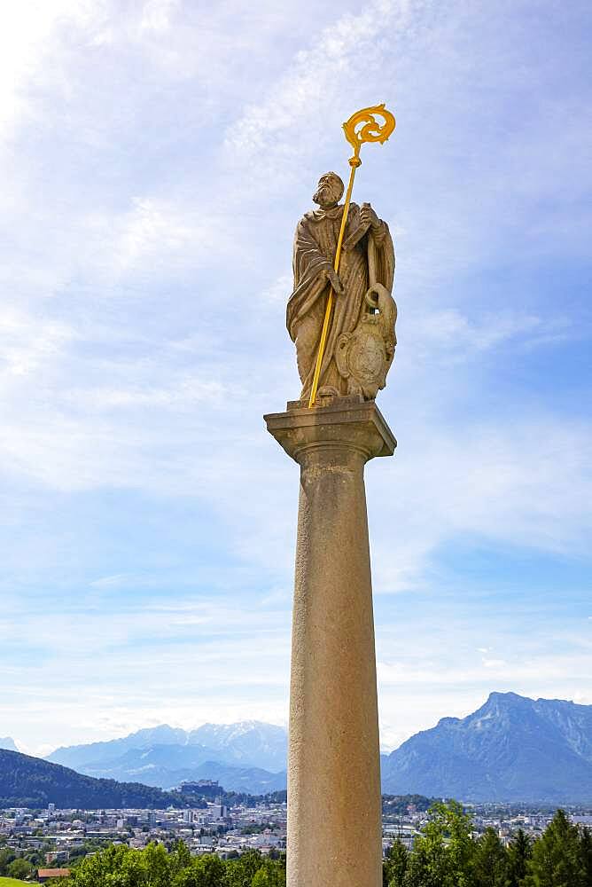 Statue of St. Benedict, pilgrimage basilica Maria Himmelfahrt, pilgrimage church Maria Plain, Bergheim near Salzburg, Flachgau, Salzburger Land, Austria, Europe