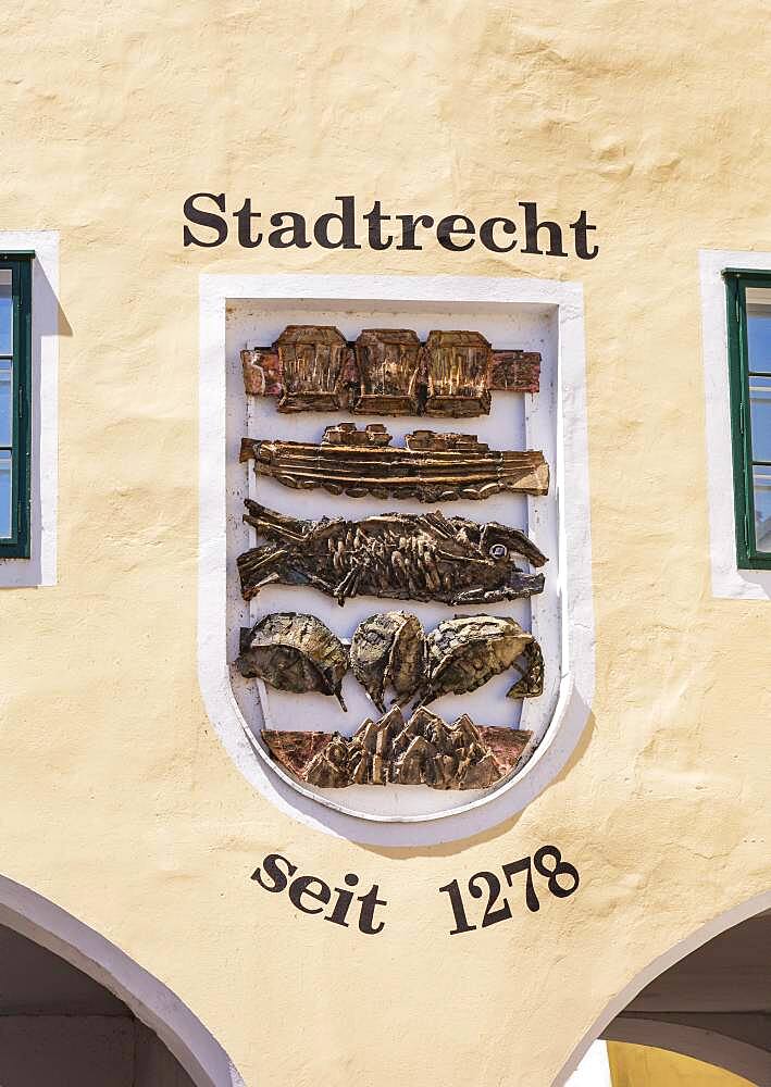 Coat of arms of the city of Trauntor, Gmunden, Lake Traun, Salzkammergut, Upper Austria, Austria, Europe