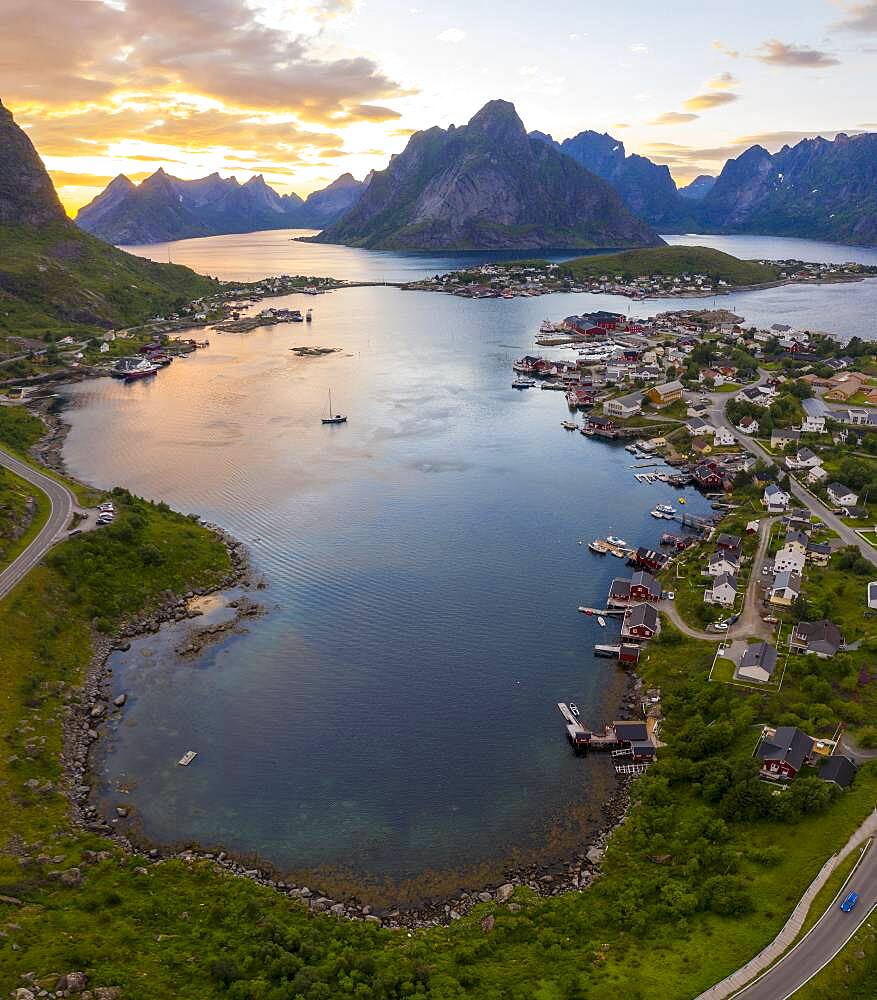 Aerial view, sunset at Reinefjord with mountains, view of Reine, Lofoten, Nordland, Norway, Europe